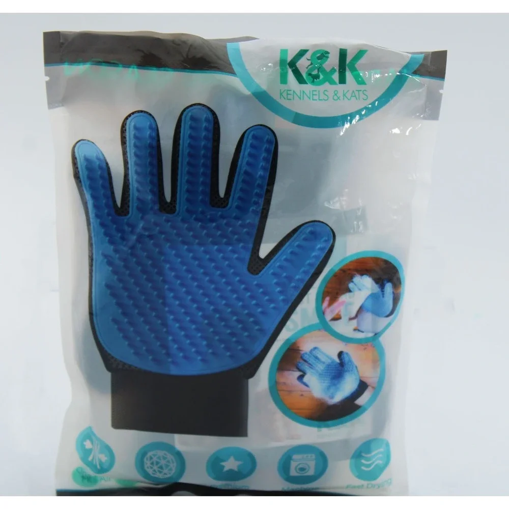 K&K Kennels & Kats Pet Grooming Glove Blue Silicone Deshedding Brush